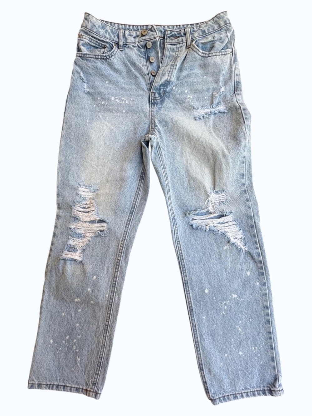 No Boundaries Distressed High Rise Mom Jeans Bleach Splatter Button Fly 7